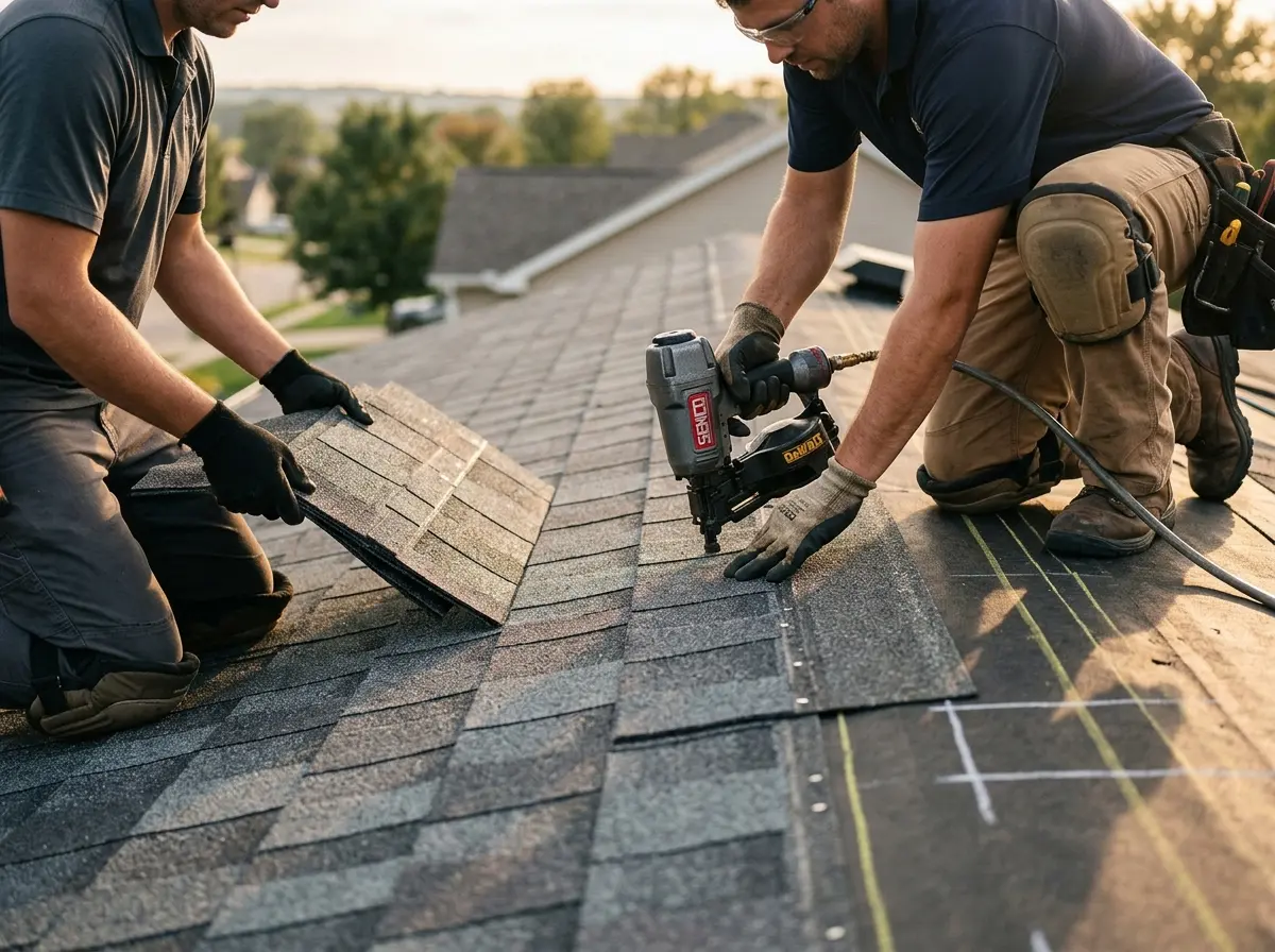 Professional roofer working on a residential roof in Independence
